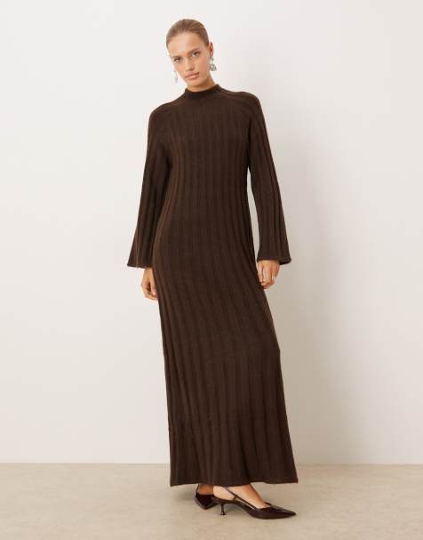 Vila premium rib knitted maxi dress in chcocolate brown - view 1