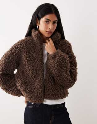 Vila premium short teddy jacket in chocolate brown