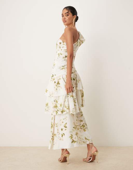 VILA - Premium statement maxi jurk met blote schouder en ruches in crème met bloemenprint, 4 van 4