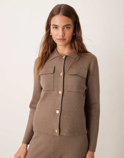 Vila premium structured knit button up shirt co-ord in taupe - view 1