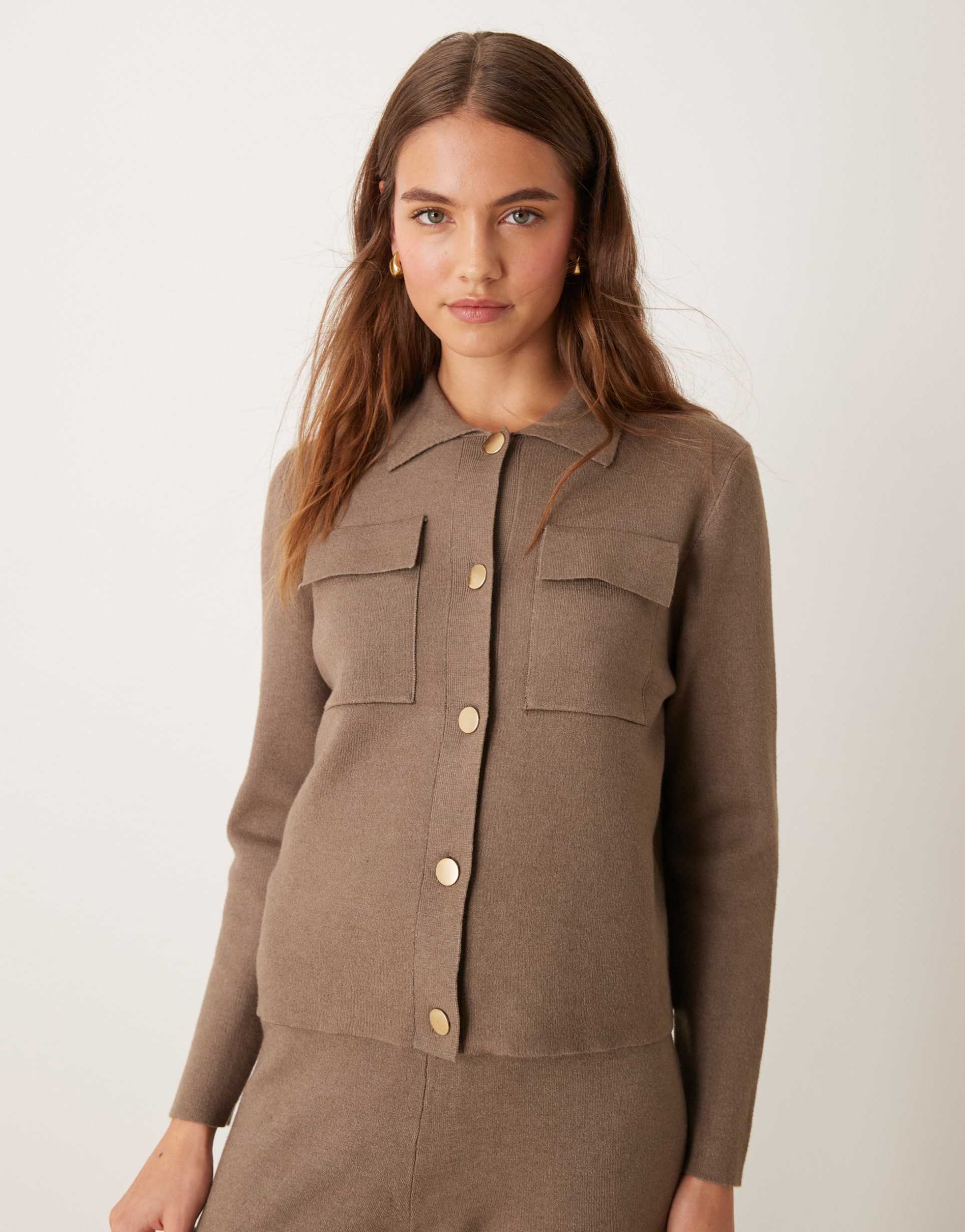 vila premium structured knit button up shirt in taupe - part of a set