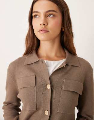 Vila Premium Structured Knit Button Up Shirt In Neutral