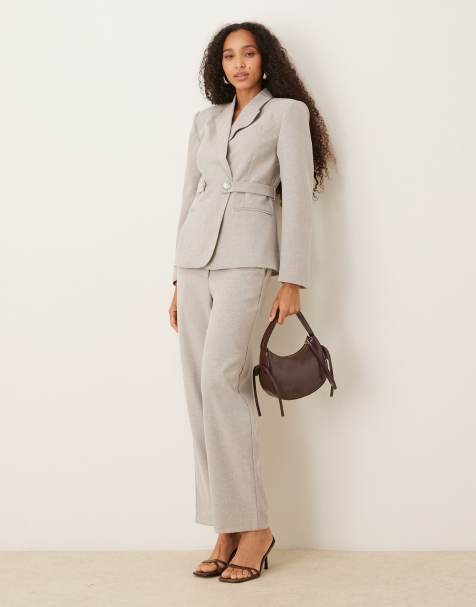 Vila premium tailored belted waist blazer and pants suit set in gray heather - view 1