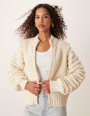 Vila premium textured sleeve zip up cardigan in cream-White