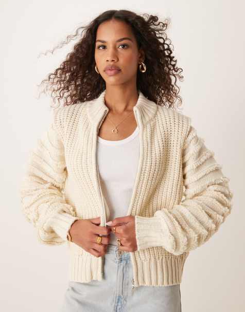 Vila premium textured sleeve zip up cardigan in cream