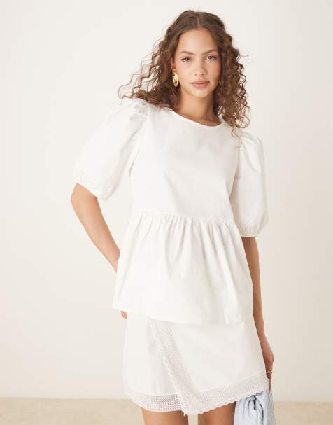 Vila puff sleeve cotton poplin top in white - view 1