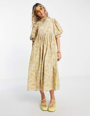 Vila puff sleeve midi dress in yellow floral - ASOS Price Checker