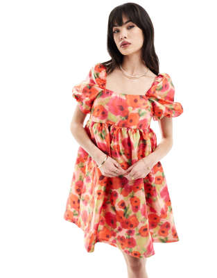 puff sleeve smock mini dress in red poppy print-Multi
