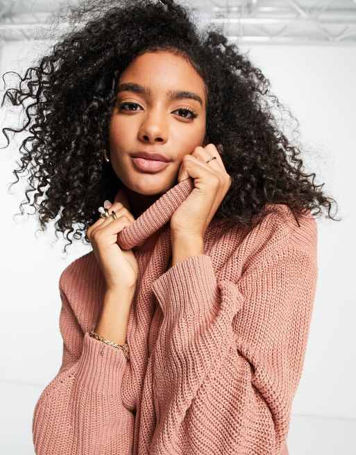 Vila - Pull col roulé en maille à manches volumineuses - Rose thé