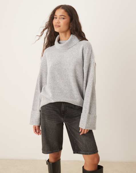 Vila - Pull col roulé en maille à poignets fantaisie - Gris clair chiné - view 1