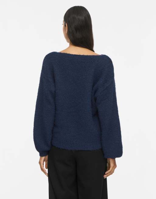 Vila pull côtelé à col ras du cou en maille stretch à épaules tombantes bleu marine, 2 de 7
