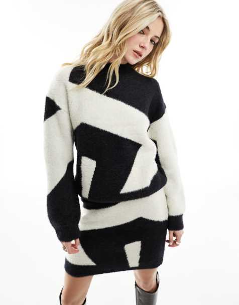 Vila - Pull d'ensemble duveteux à imprimé - Noir et blanc - view 1