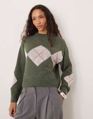 VILA - Pull en maille à carreaux pastel - Vert foncé-Multicolore