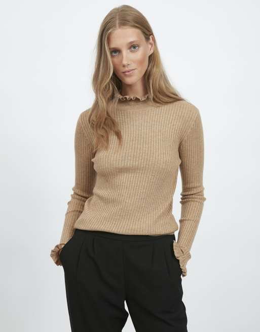 Vila - Pull en maille à col montant et volants - Beige
