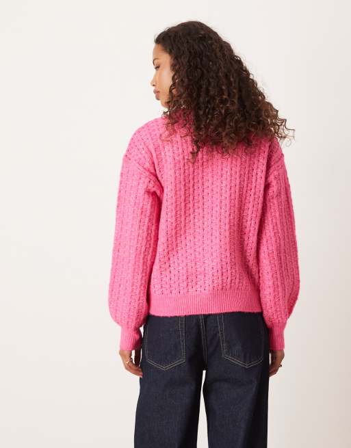 Vila - Pull en maille à motif en biais - Rose vif, 3 de 4