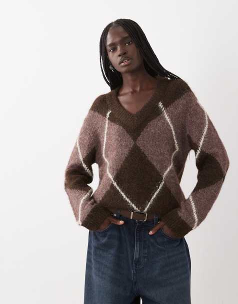 Vila pull en maille col V ample à imprimé argyle marron - view 1