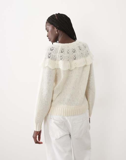 Vila pull en maille douce à épaules tombantes et bordure à volants crème, 4 de 4