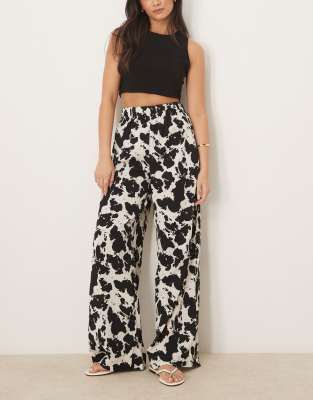 pull on wide leg pants in cow print-Black