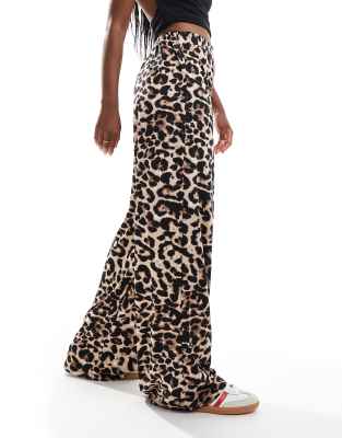 pull on wide leg pants in leopard print-Multi