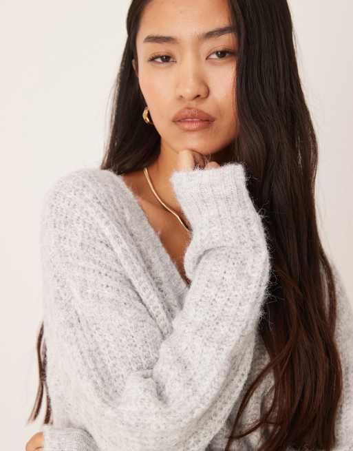Vila - Pull oversize en maille duveteuse avec col V - Gris moyen chiné, 3 de 4