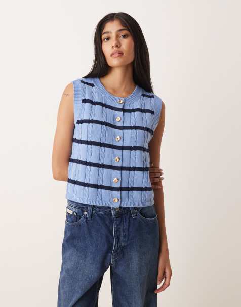 Vila - Pull sans manches boutonné en maille torsadée à rayures - Bleu - view 1