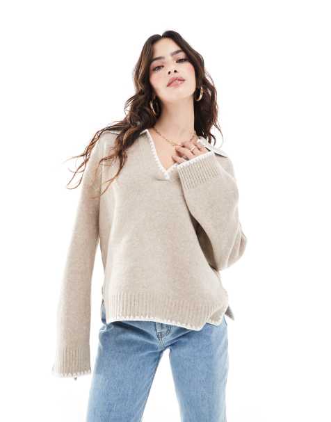 Vila – Pullover in Beige mit V-Ausschnitt, offenem Kragen und Kontrastnaht - view 1