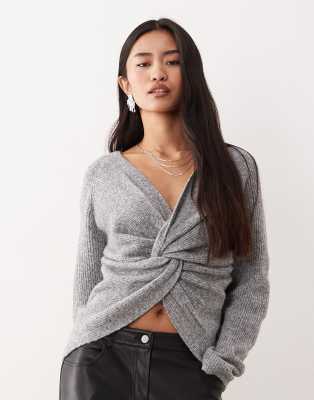 Vila - Pullover in Mittelgrau meliert mit überkreuzter Vorderseite und Wende-Design