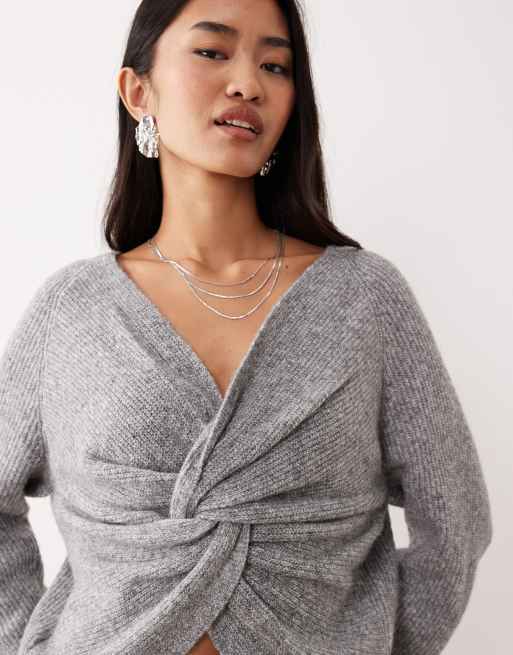 Vila – Pullover in Mittelgrau meliert mit überkreuzter Vorderseite und Wende-Design , 3 von 4