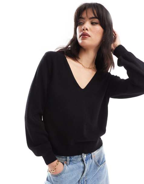 Vila – Pullover in Schwarz mit V-Ausschnitt und Puffärmeln - view 1