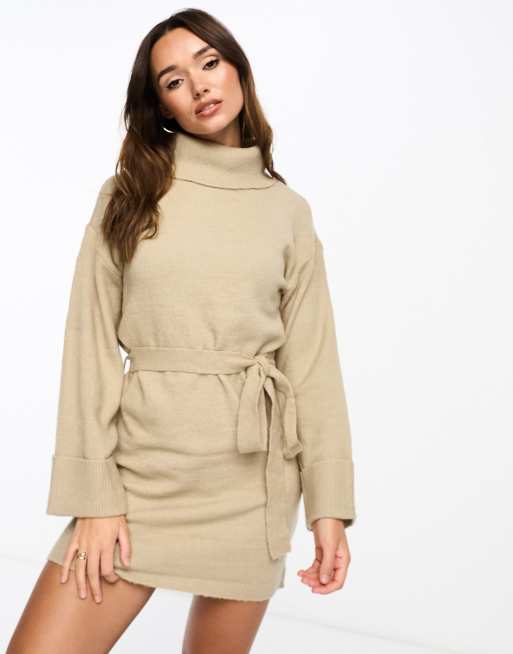 Vila – Pulloverkleid in Creme mit Rollkragen und Taillenschnürung, 2 von 4