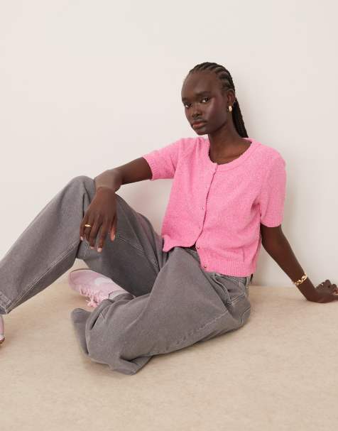 Vila fluffy knit short sleeve cardigan style top in bubblegum pink