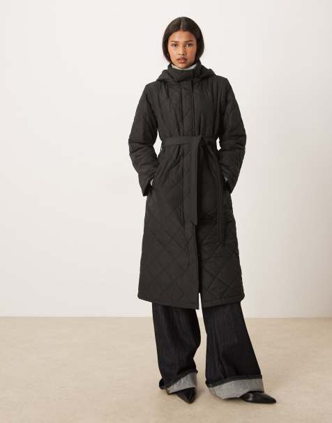 Vila quilted longline coat with hood in black - view 1