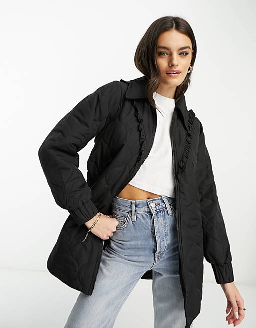 Vila quilted longline jacket with frill detail in black | ASOS