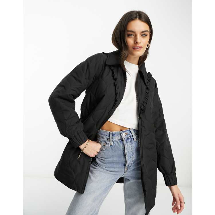 Vila quilted longline jacket with frill detail in black