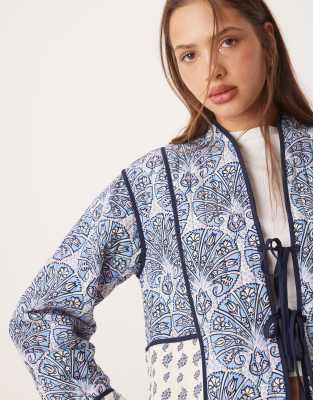 Vila Quilted Patchwork Paisley Print Tie Front Jacket In Multi