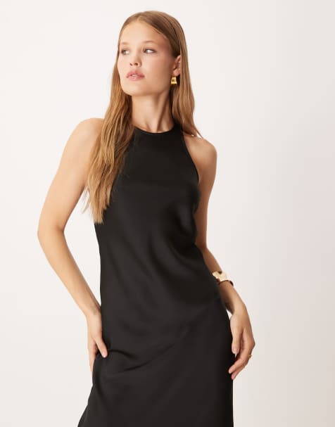 VILA racer neck satin midaxi dress in black - view 1
