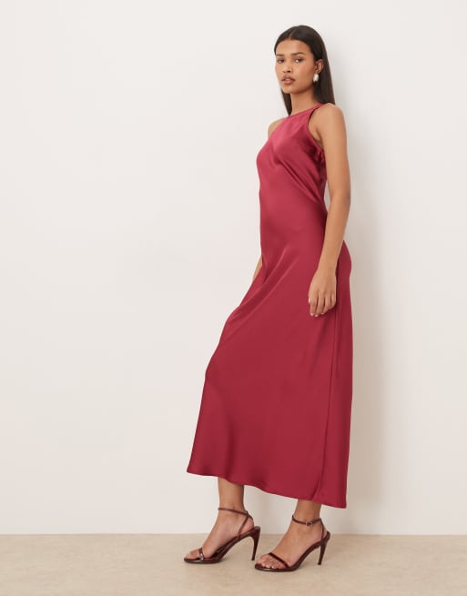 VILA racer neck satin midaxi dress in burgundy, 4 of 4
