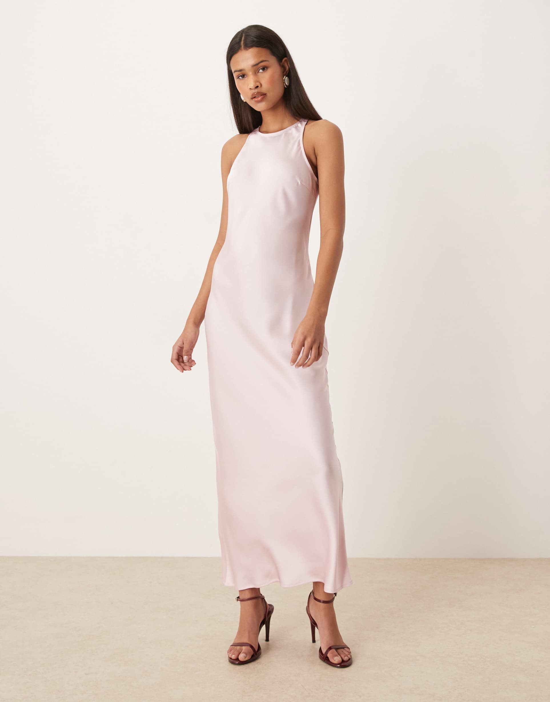 vila racer neck satin midaxi dress in cherry blossom