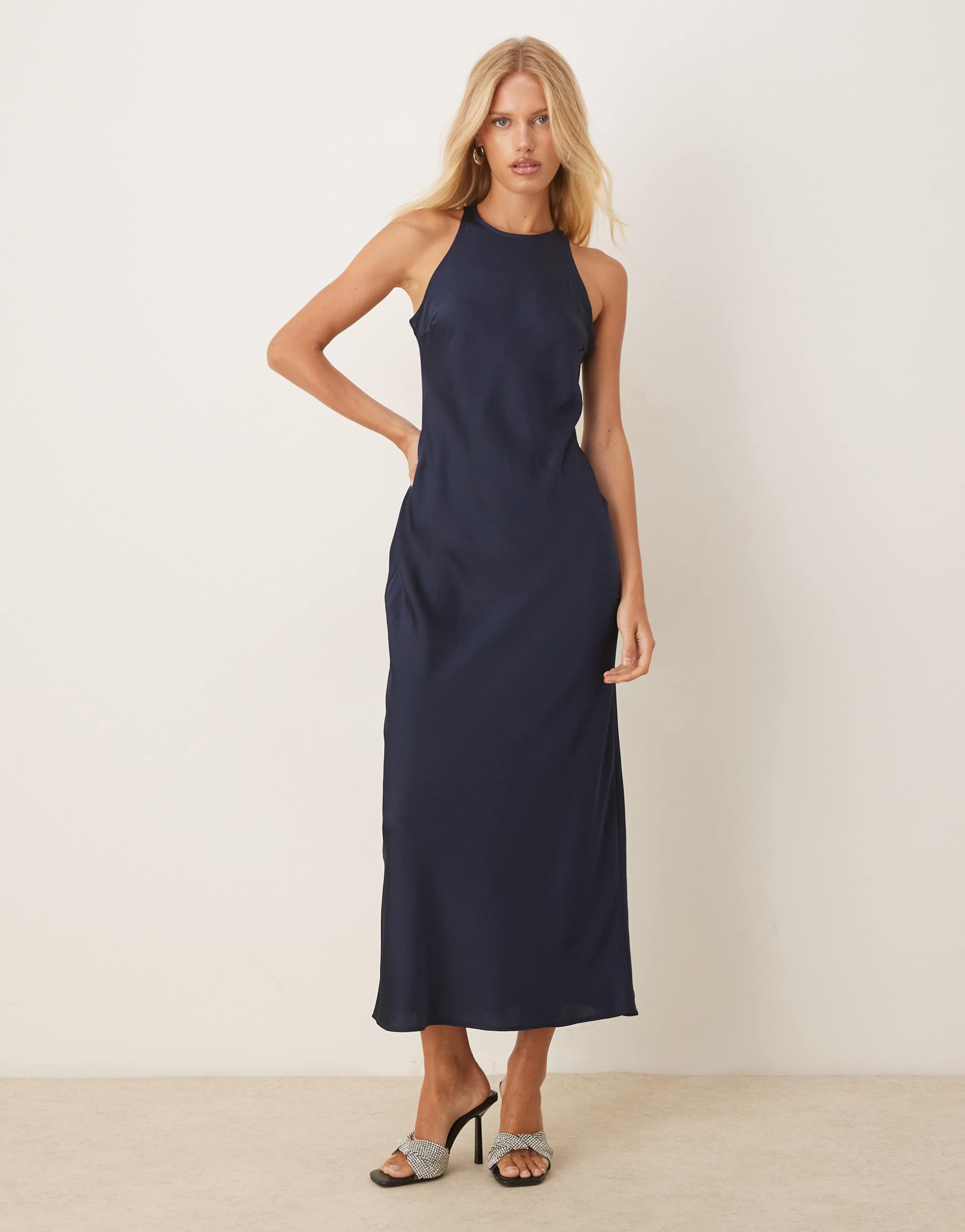 vila racer neck satin midaxi dress in deep navy