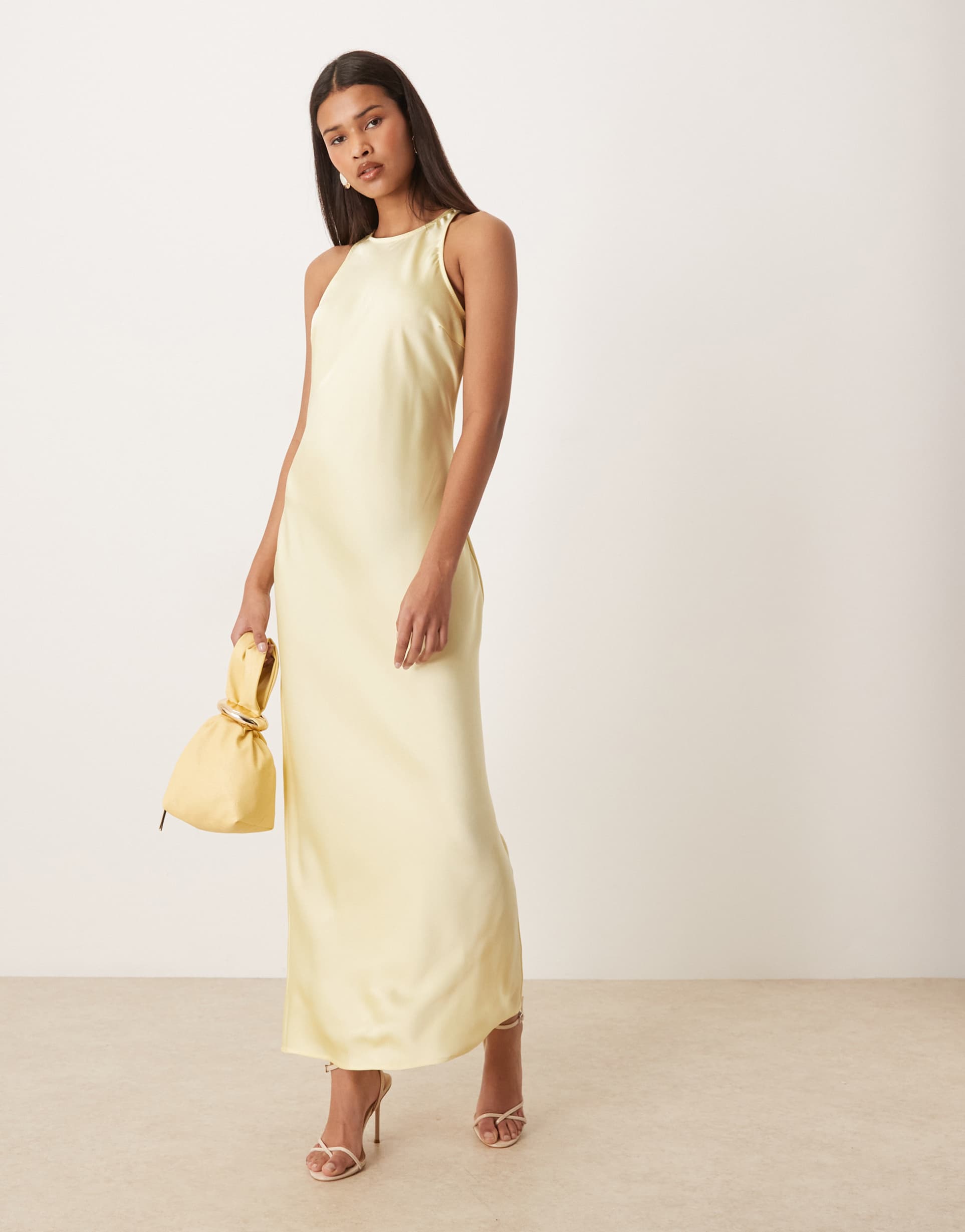 vila racer neck satin midaxi dress in pastel yellow