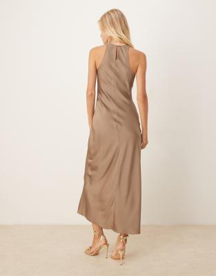 Vila Racer Neck Satin Midi Dress In Neutral