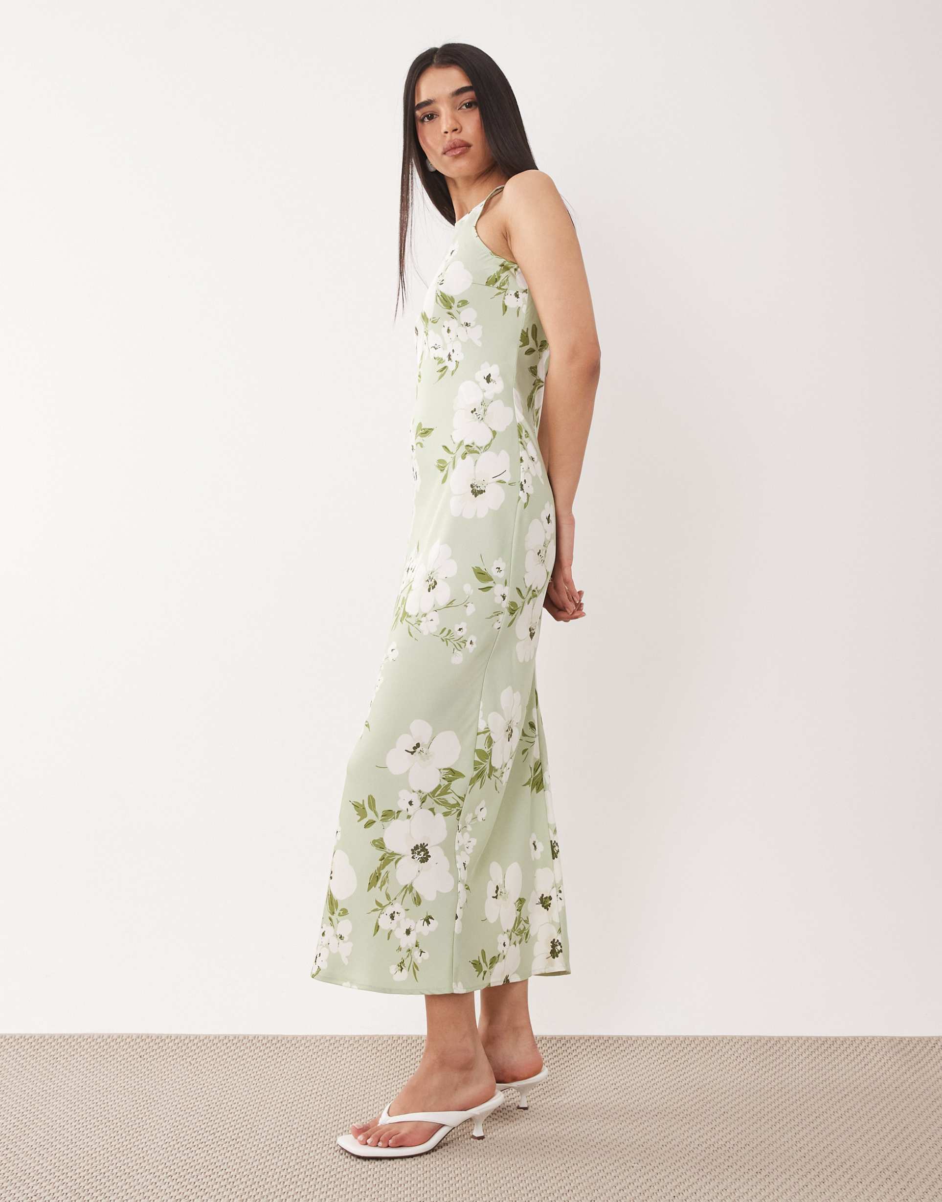 vila racer neck satin midi dress in pale green floral print