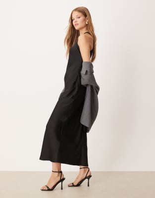 Vila Racer Satin Midaxi Dress In Black