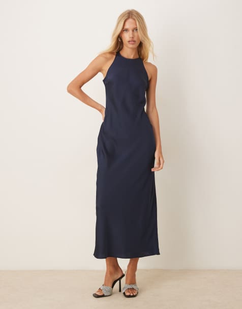 Vila racer satin midaxi dress in deep navy - view 1