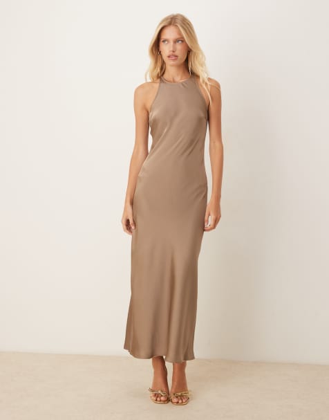 Vila racer satin midaxi dress in light brown - view 1