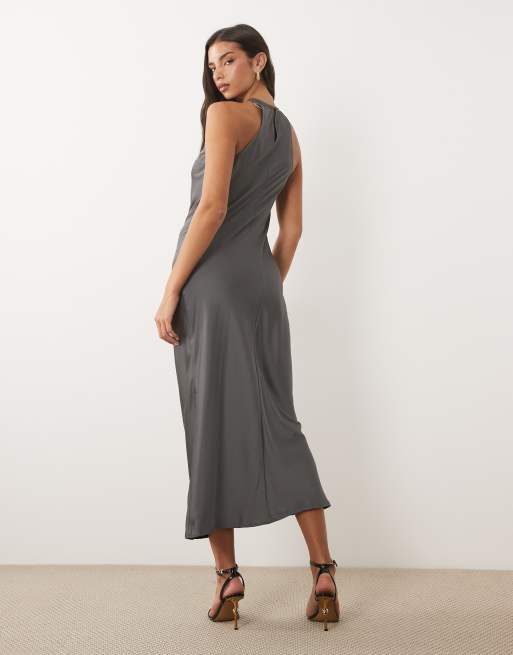 Vila racer satin midi dress in charcoal grey, 3 of 4