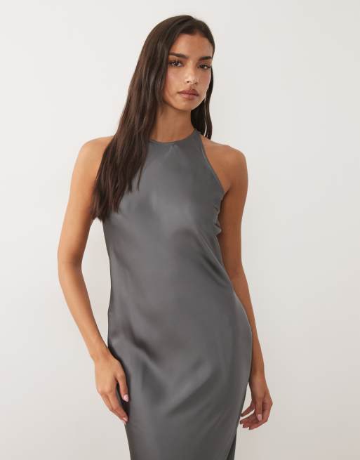 Vila racer satin midi dress in charcoal grey, 4 of 4