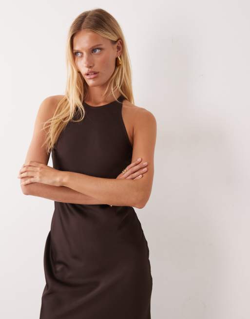 Vila racer satin midi dress in chocolate brown , 2 of 4