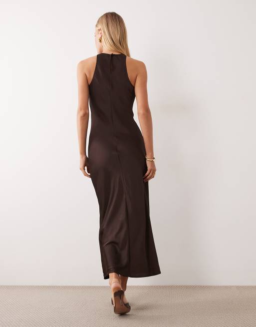 Vila racer satin midi dress in chocolate brown , 3 of 4