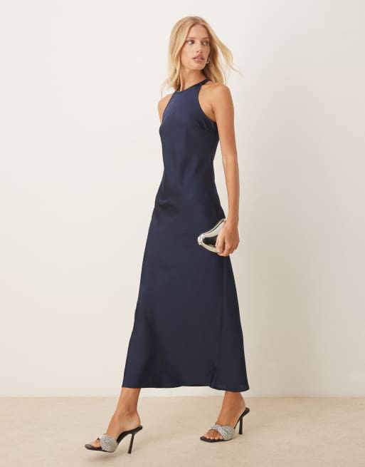 Vila racer satin midi dress in deep navy